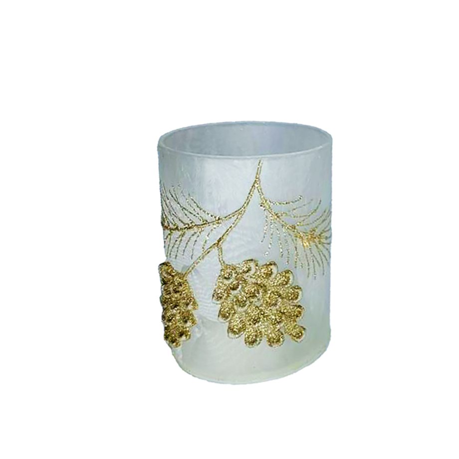 GLASS LIGHTED HOLDER  4" FROSTED W/ GOLD CONES MICRO LED LIGHTS 3AAA