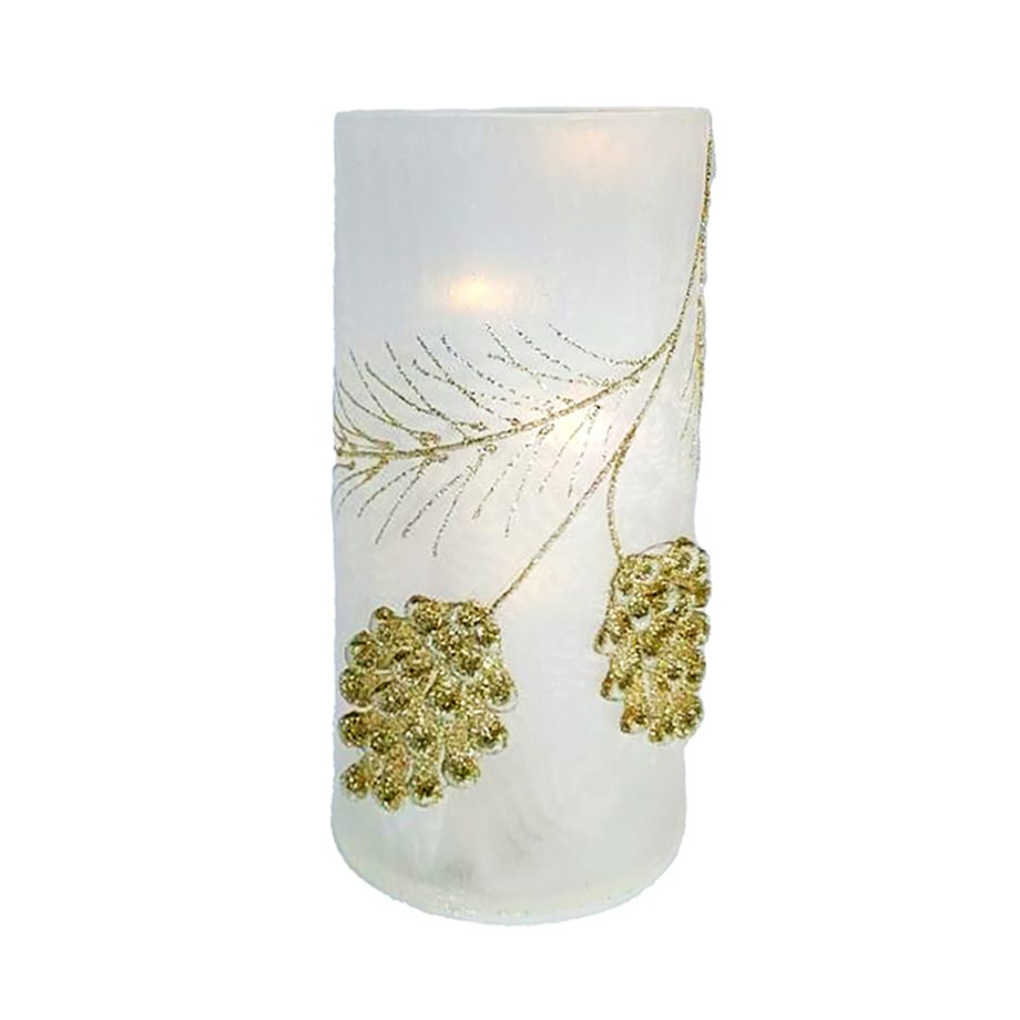 GLASS LIGHTED HOLDER 6" FROSTED W/ GOLD CONES MICRO LED LIGHTS 3 AAA
