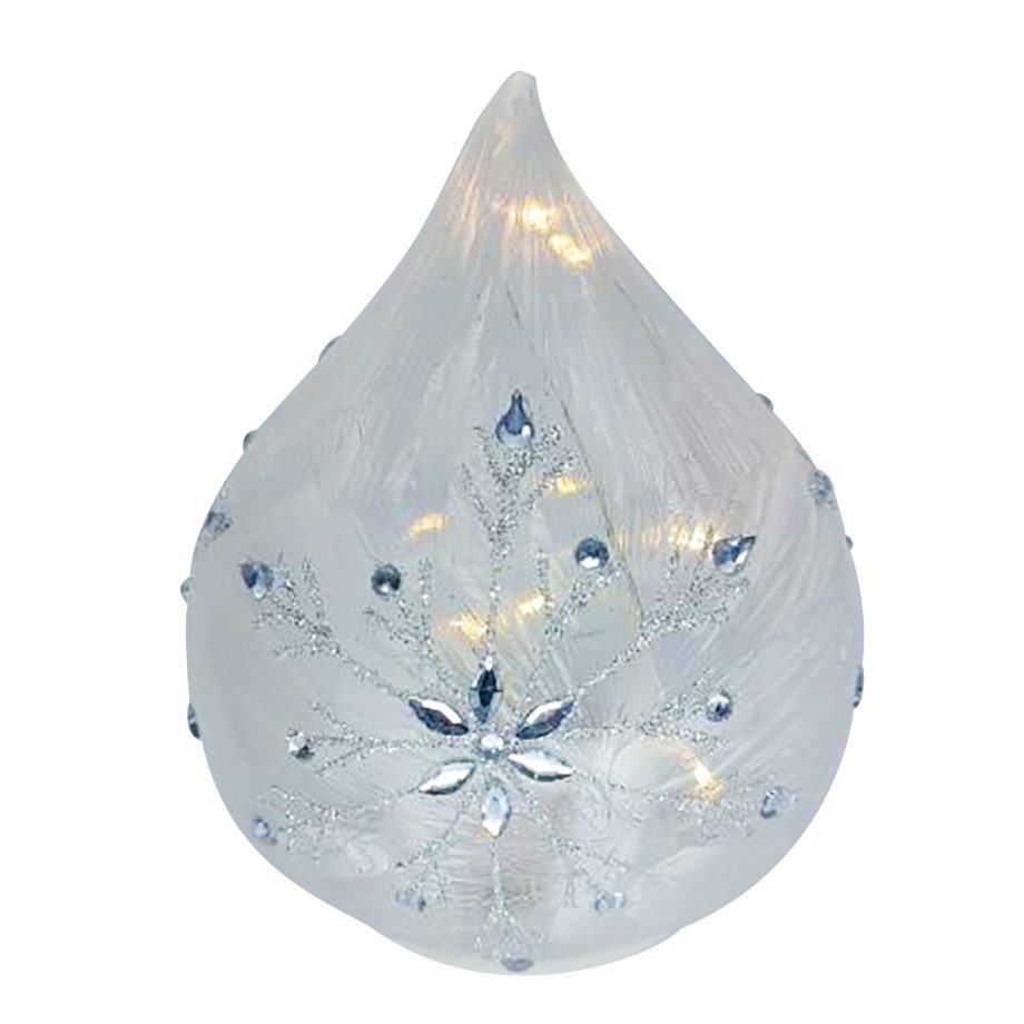 GLASS DROP-SHAPED TABLE DECOR 8" FROSTED W/ SNOWFLAKE
