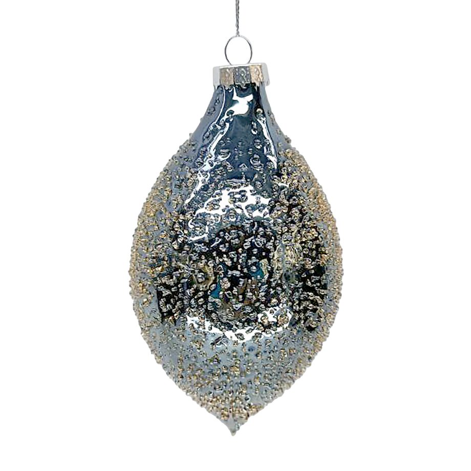 ORN GLASS FINIAL 6" BLUE W/ GOLD ICE GLITTER