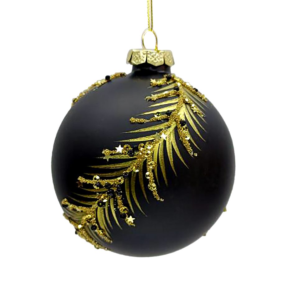 ORN GLASS BALL 4" BLACK MATTE LEAFW/ GOLD GLITTER