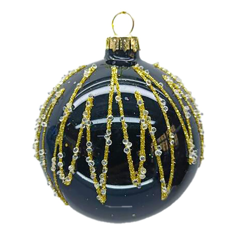 ORN GLASS BALL 3" BLACK SHINY W/ GOLD GLITTER