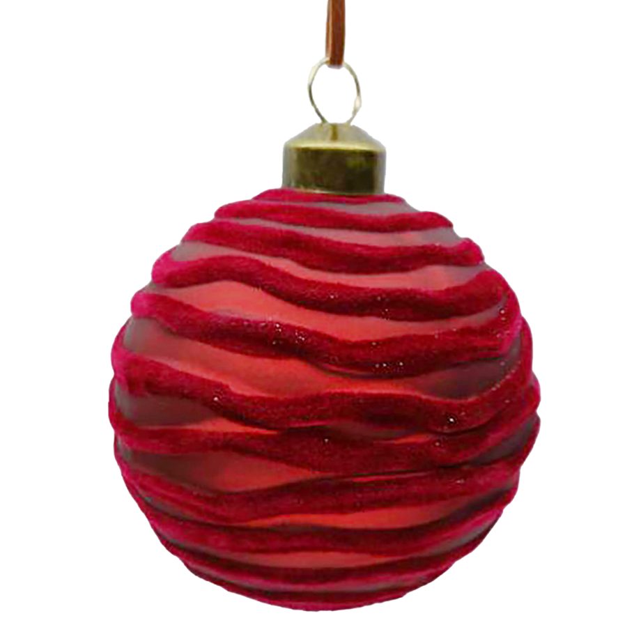 ORN GLASS BALL 3" RED/ MERLOT W/ WAVE FLOCKING