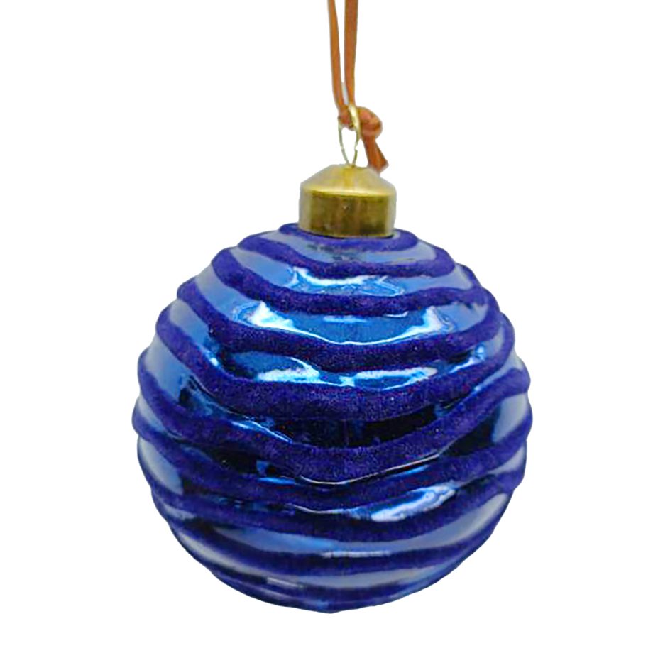 ORN GLASS BALL 3" BLUE NAVY W/ WAVE FLOCKING