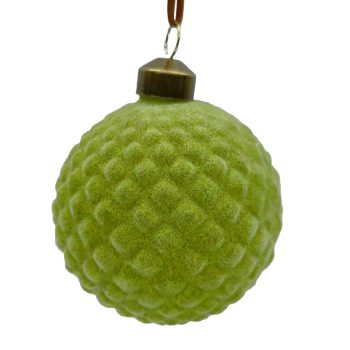 ORN GLASS BALL 3" GREEN LITE W/ DIAMOND FLOCKED
