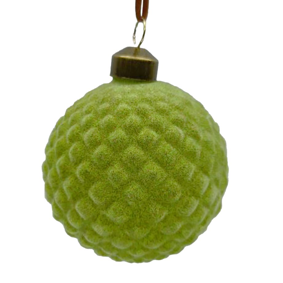 ORN GLASS BALL 3" GREEN LITE W/ DIAMOND FLOCKED
