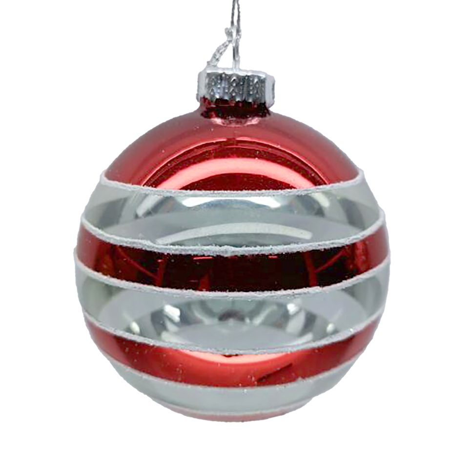 ORN GLASS BALL 3" CLEAR RED CANDY CANE