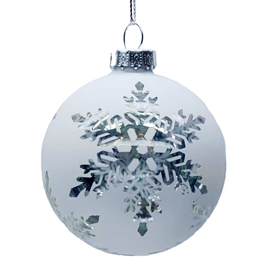 ORN GLASS BALL 3" WHITE MATTE/SILVER SNOWFLAKE