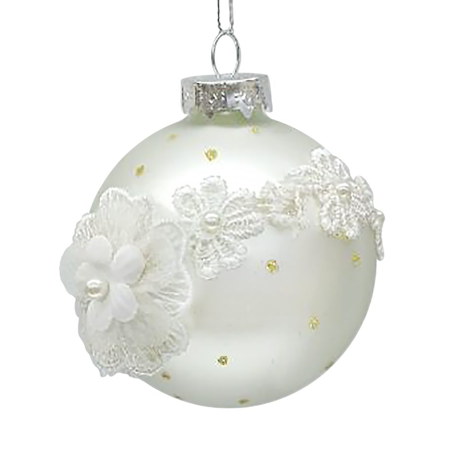 ORN GLASS BALL 3" WHITE MATTE W/ LACE FLORAL