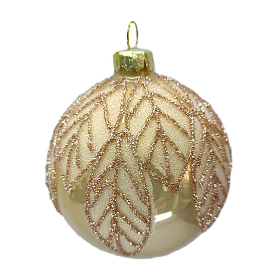 ORN GLASS BALL 3" GOLD SHINY W/ BEADED LEAF