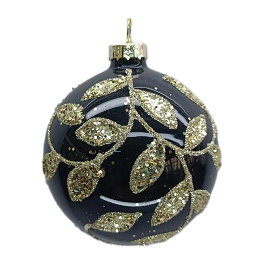 ORN GLASS BALL 3" BLACK W/ GOLD LEAF
