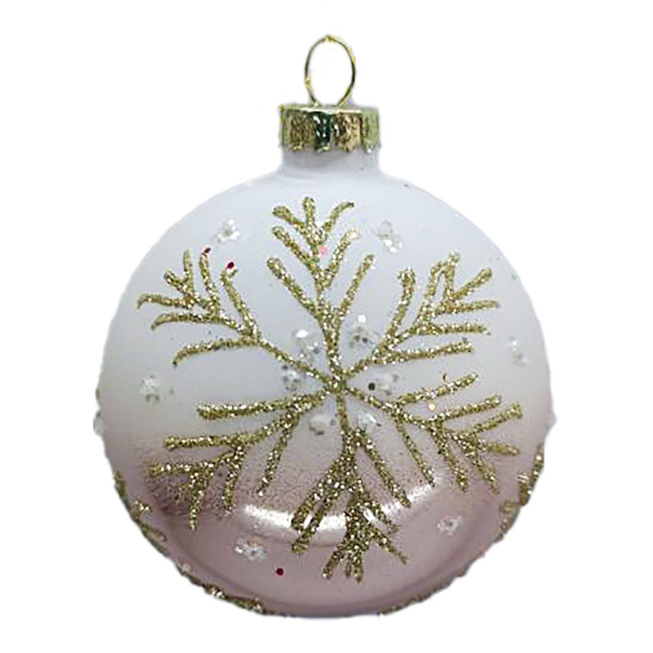 ORN GLASS BALL 3" ROSE GOLD SHINY/WHITE W/ GOLD SNOWFLAKE