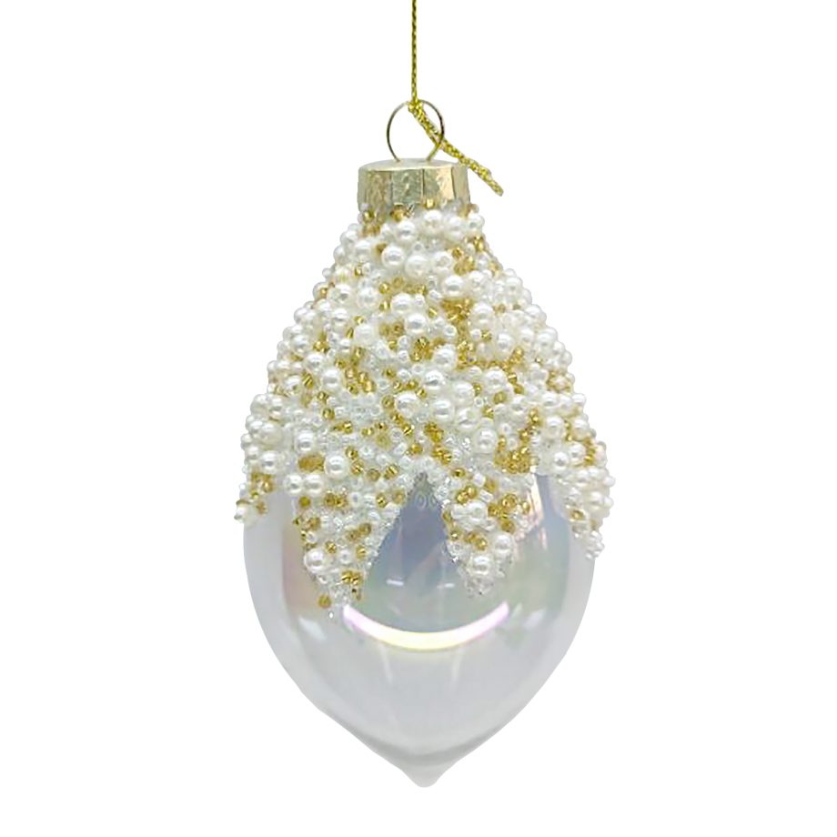 ORN GLASS FINIAL 5.5 CLEAR W/ PEARL & GOLD BEADS