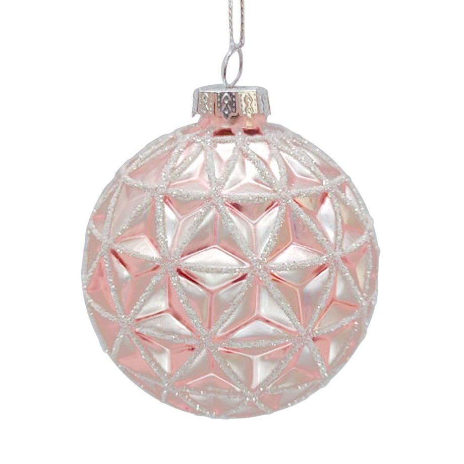 ORN GLASS BALL 3" PINK W/ DIAMOND ICE GLITTER