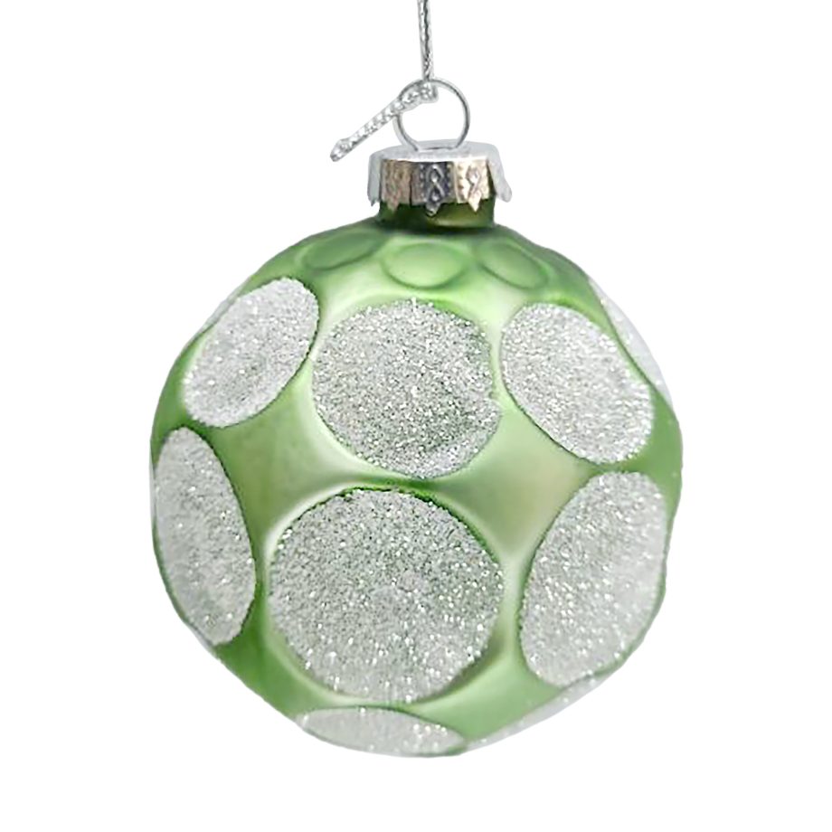 ORN GLASS BALL 3" GREEN MINT W/ CIRCLE ICE GLITTER