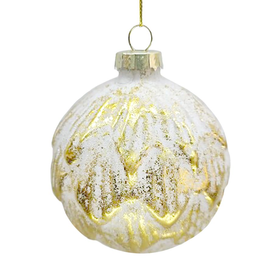 ORN GLASS BALL 3" GOLD W/ WHITE FINISH LEAF