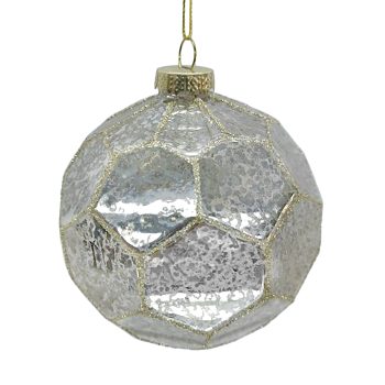 ORN GLASS BALL 4" SILVER ANTIQUE HEXAGON PATTERN