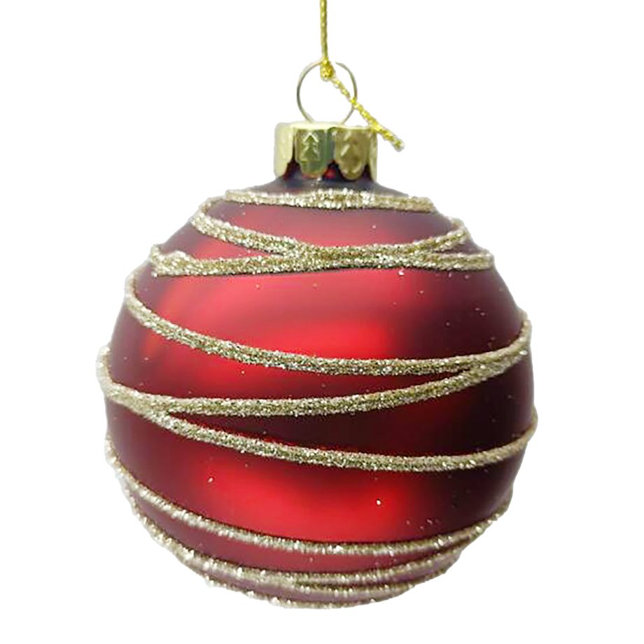 ORN GLASS BALL 3" RED MATTE GOLD CIRCLE GLITTER