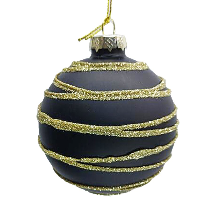 ORN GLASS BALL 3" BLACK W/ GOLD GLITTER CIRCLES