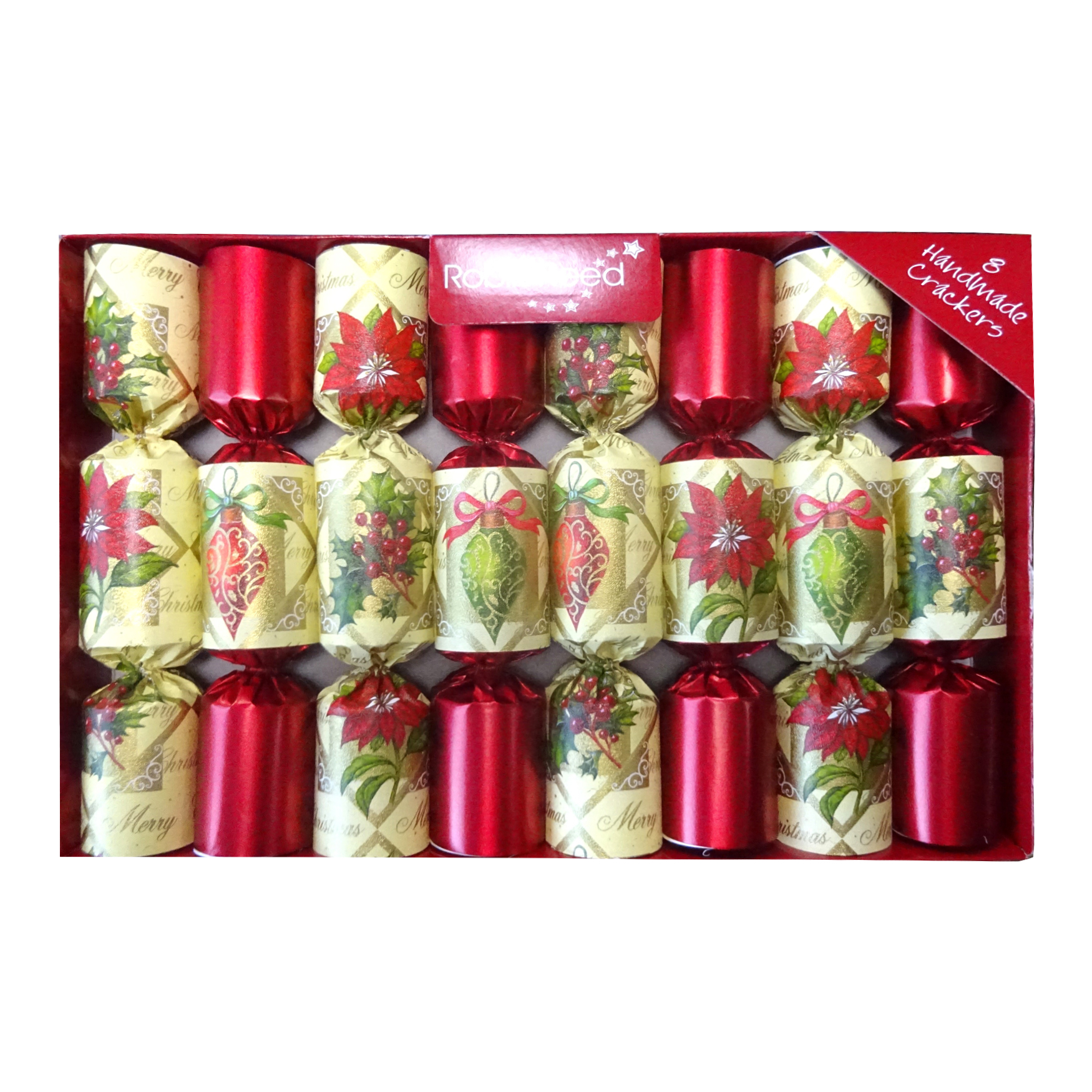 CHRISTMAS CRACKER DLX 8PCX8.5" POINSETTIA W/ NOVELTY INSIDE