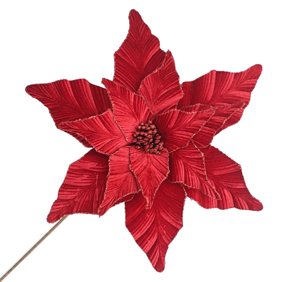 POINSETTIA STEM RED - DARK 17" VELVET HEAD W/ 24" STEM