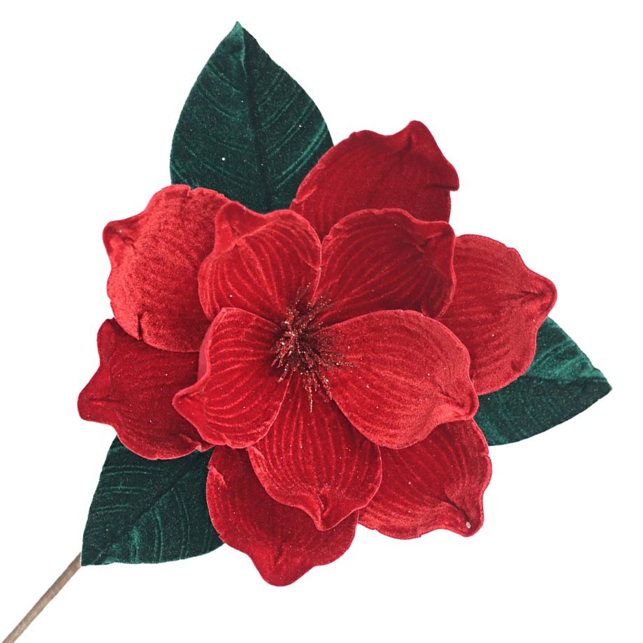 POINSETTIA STEM RED-DARK 12" VELVET HEAD W/20" STEM EMERALD GREEN LEAVES