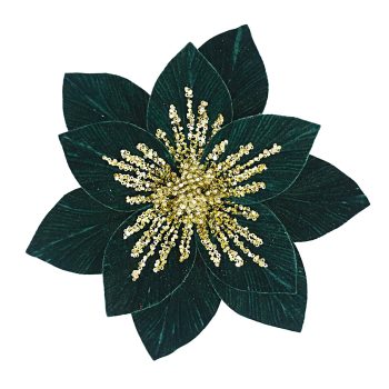 POINSETTIA HEAD GREEN EMERALD 11.5" VELVET W/GOLD SEQUINS W/ CLIP