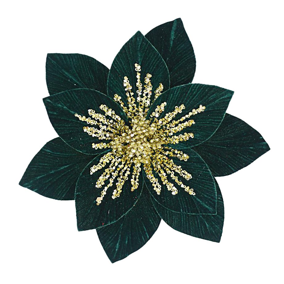 POINSETTIA HEAD GREEN EMERALD 11.5" VELVET W/GOLD SEQUINS W/ CLIP