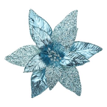 POINSETTIA HEAD BLUE ICE 12" LEATHER METALLIC W/ CLIP