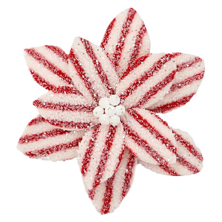 POINSETTIA HEAD RED/WHITE 10.5" WOOL RED STRIPES W/ CLIP