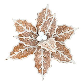 POINSETTIA HEAD BROWN /WHITE 11" FROSTED GINGERBREAD FELT W/ CLIP
