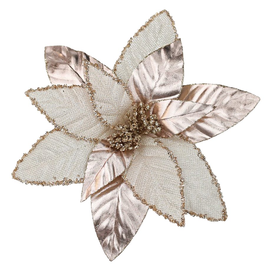 POINSETTIA HEAD ROSE GOLD 12" LEATHER/ METALLIC W/ CLIP