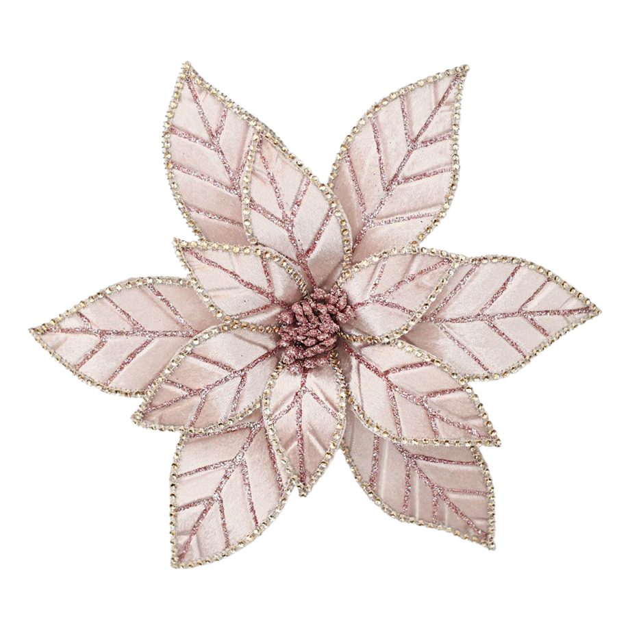 POINSETTIA HEAD PINK ROSE 11.5" VELVET W/ CLIP
