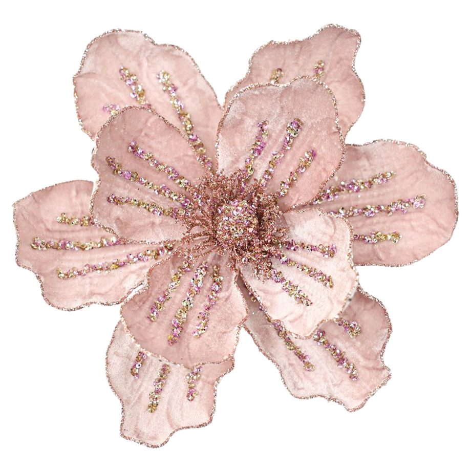 MAGNOLIA HEAD PINK ROSE 10" GLITTER VELVET STRIPES W/ CLIP