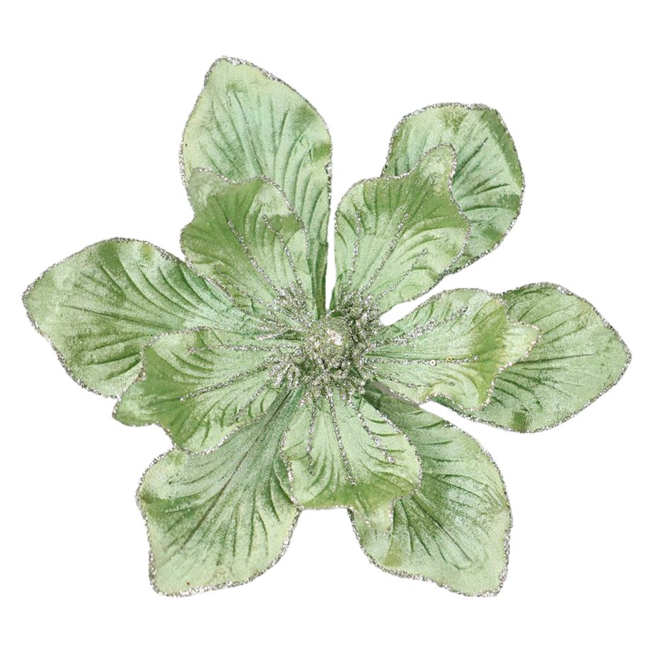 MAGNOLIA HEAD GREEN SAGE 10" VELVET W/ SILVER GLITTER & CLIP