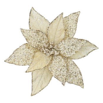 POINSETTIA HEAD GOLD 11.5" METALLIC ICED W/ CLIP