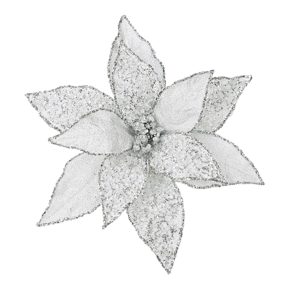 POINSETTIA HEAD SILVER 11.5" METALLIC ICED W/ CLIP