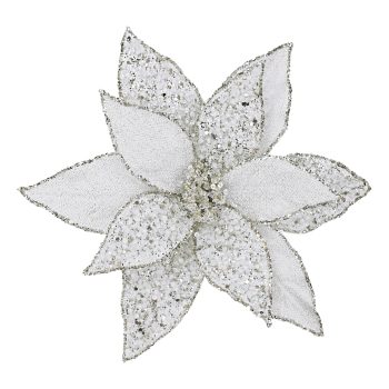 POINSETTIA HEAD SILVER/PT 11.5" METALLIC ICED W/ CLIP