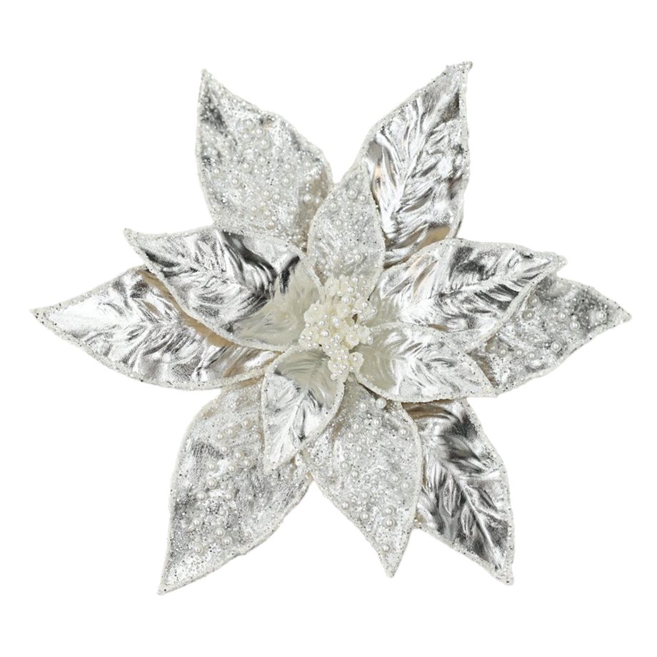 POINSETTIA HEAD SILVER 11" METALLIC W/ CLIP