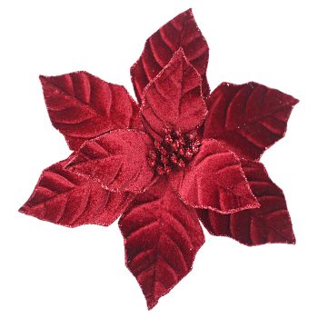 POINSETTIA HEAD BURGUNDY 9.5" VELVET W/ CLIP