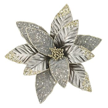 POINSETTIA HEAD PLATINUM GRAY 12.5" LEATHER  CH GLITTER W/ CLIP