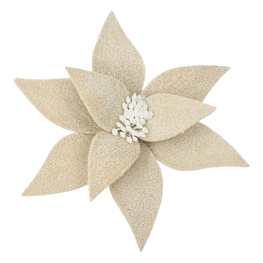 POINSETTIA HEAD NATURAL 11.5" FROSTED WOOL W/ CLIP