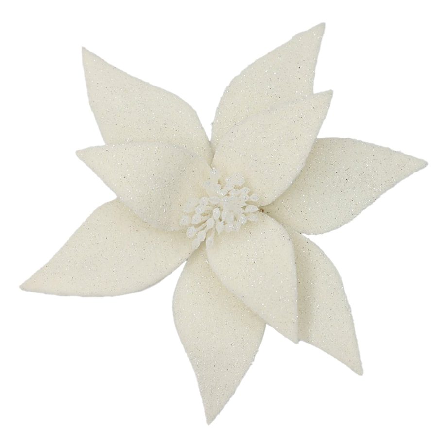 POINSETTIA HEAD IVORY 11.5" FROSTED WOOL W/ CLIP
