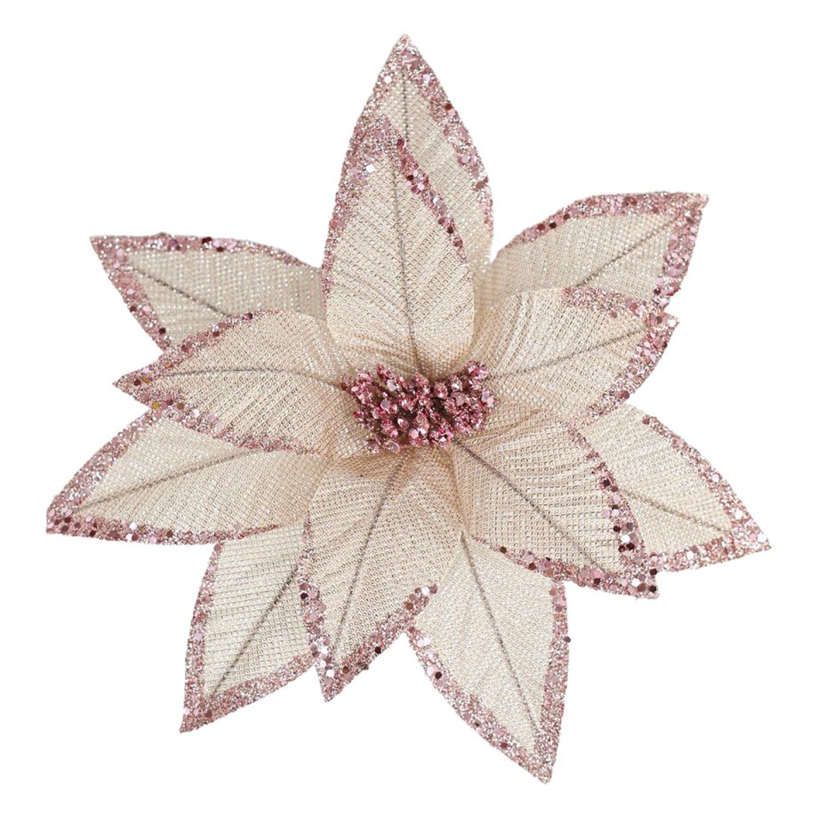 POINSETTIA HEAD PINK 12" METALLIC/ GLITTER  W/ CLIP