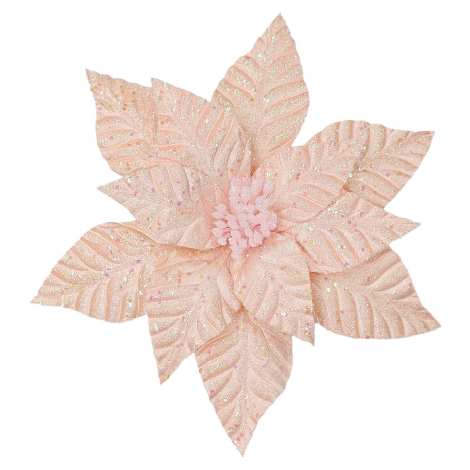 POINSETTIA HEAD PINK IRID 12" VELVET W/ GLITTER & CLIP