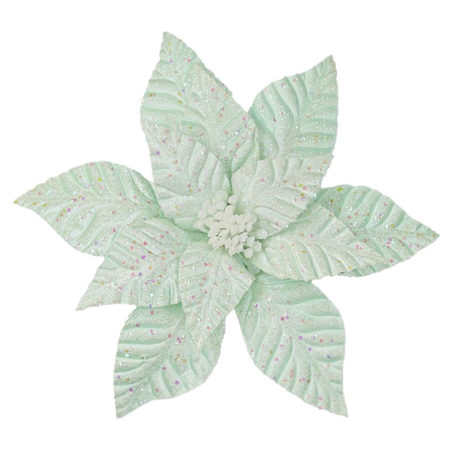 POINSETTIA HEAD GREEN MINT 12" VELVET W/ GLITTER & CLIP