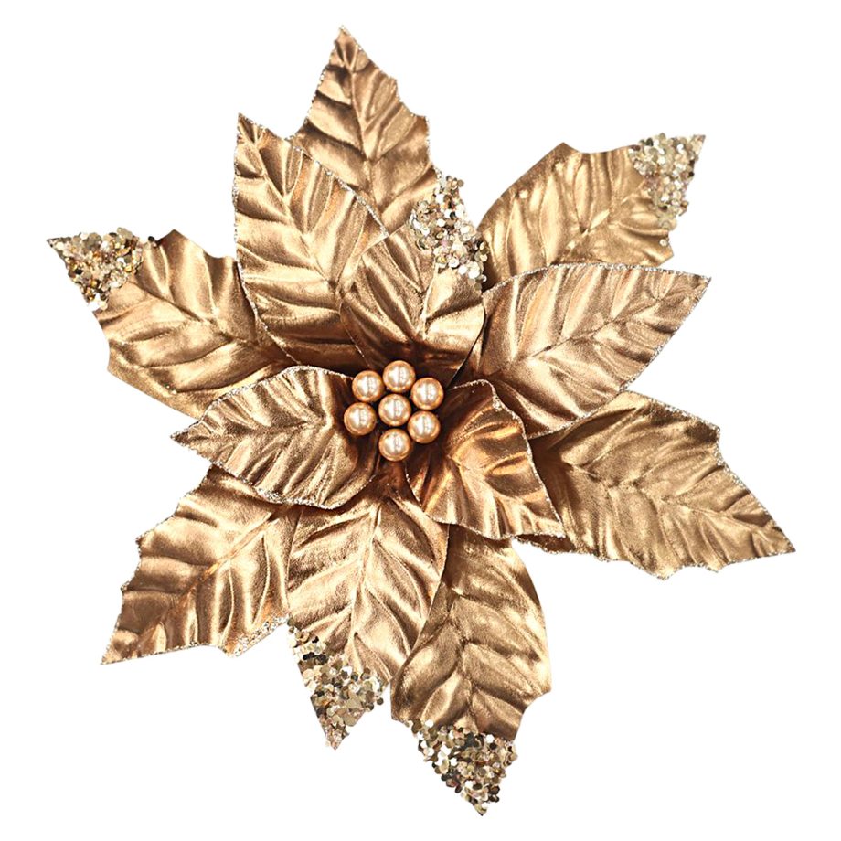 POINSETTIA HEAD COPPER BROWN 12" LEATHER METALLIC W/ CLIP