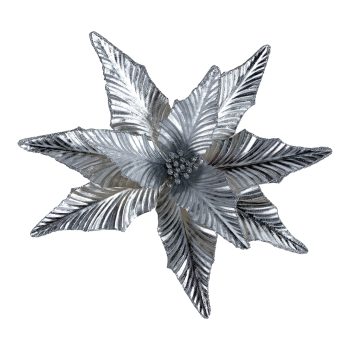 POINSETTIA HEAD SILVER 10.5" RIBBED FABRIC W/ CLIP