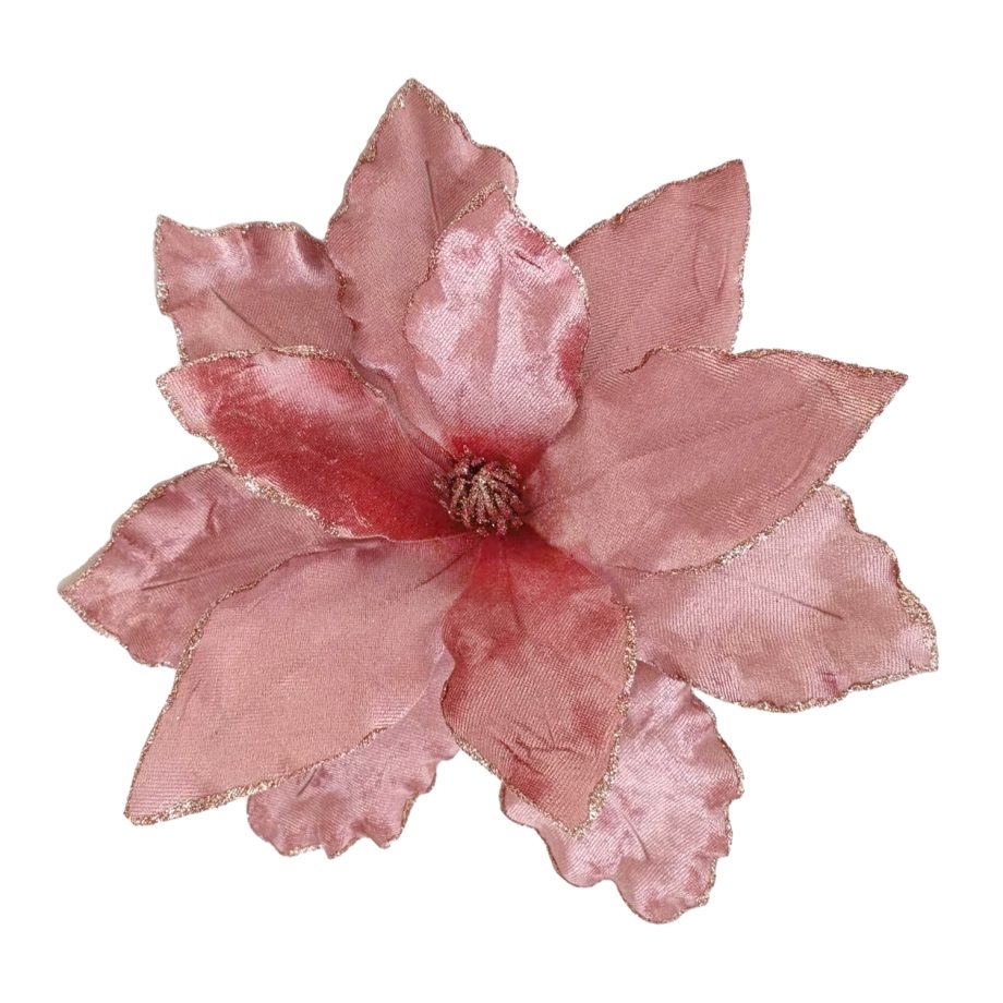 POINSETTIA HEAD PINK ROSE 10.5" VELVET W/ GLITTER EDGE & CLIP
