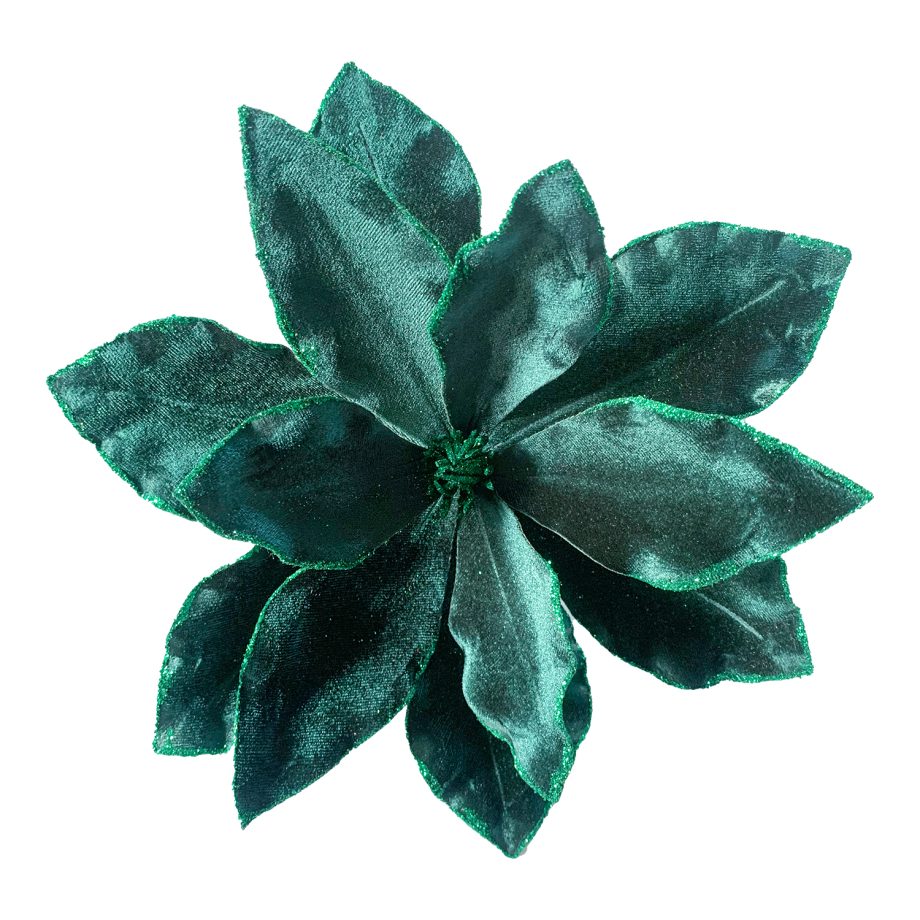 POINSETTIA HEAD GREEN PEACOCK 10.5" VELVET W/ GLITTER EDGE & CLIP